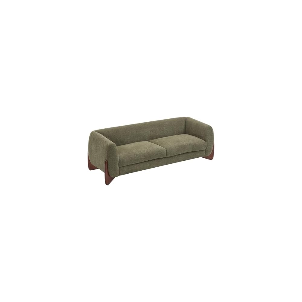 Merax 82 Inch Boucle Sherpa Sofa, Chenille Loveseat with Removable Cushions & Wood Legs, Modern Plush 3-Seater Couch for Living Room, Olive Green
