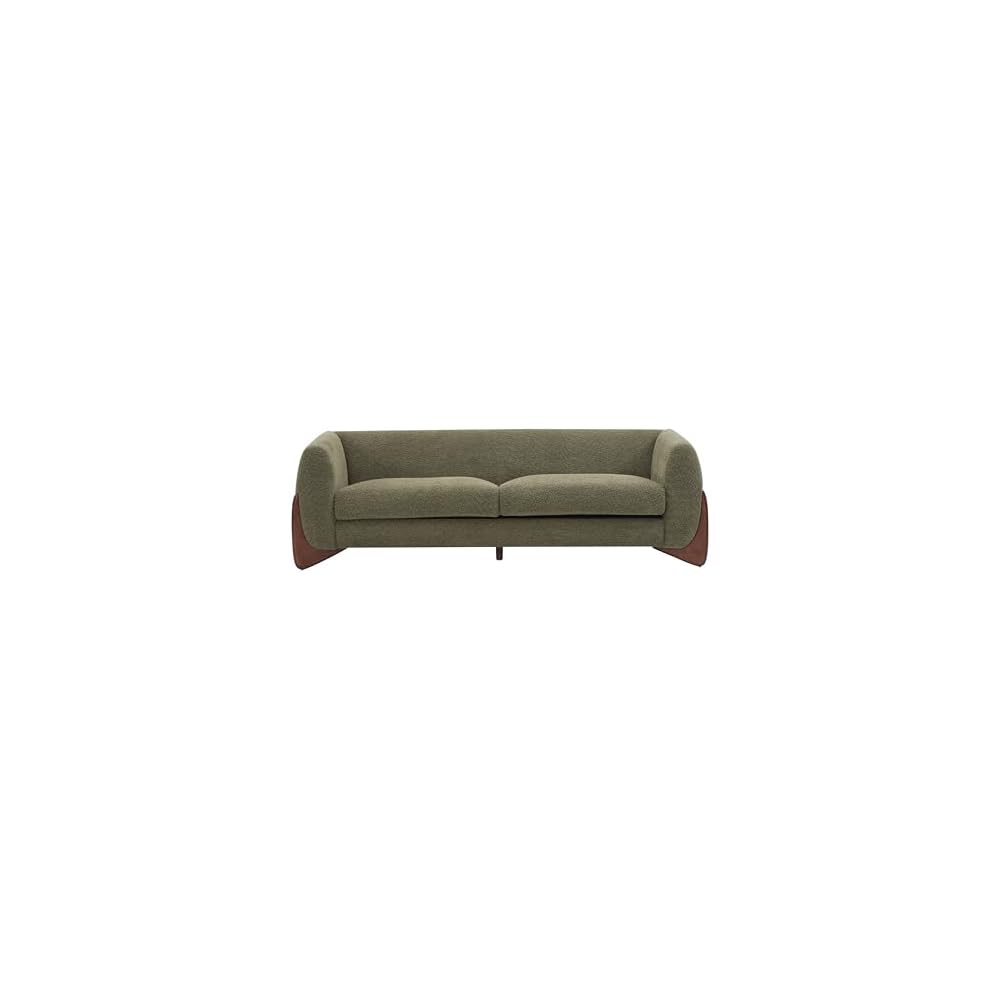 Merax 82 Inch Boucle Sherpa Sofa, Chenille Loveseat with Removable Cushions & Wood Legs, Modern Plush 3-Seater Couch for Living Room, Olive Green