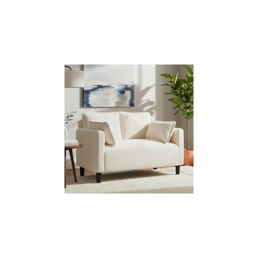 Beige Loveseats for Small Spaces, 48 Inch Corduroy Couch with Side Pocket, Modern 2 Seater Sofa Couch for Small Apartment, Bedroom & Home Office, High Rebound Sponge, Easy Assembly