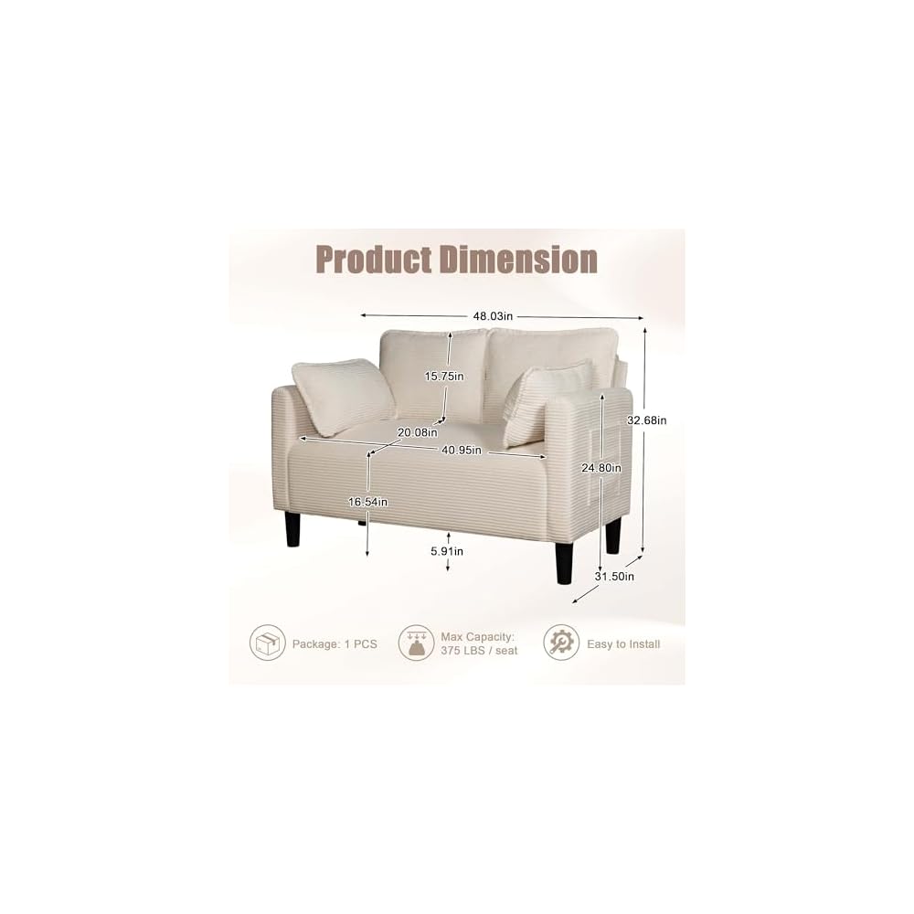 Beige Loveseats for Small Spaces, 48 Inch Corduroy Couch with Side Pocket, Modern 2 Seater Sofa Couch for Small Apartment, Bedroom & Home Office, High Rebound Sponge, Easy Assembly