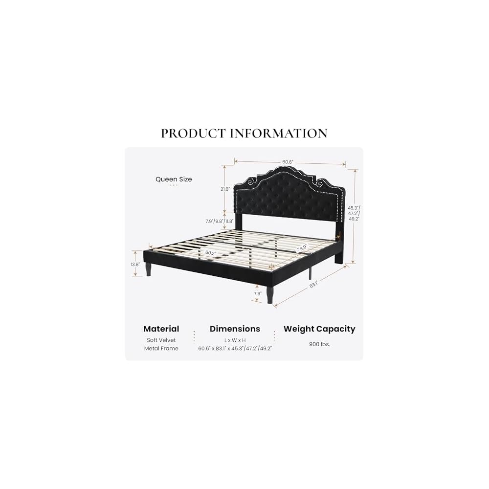 SHA CERLIN Queen Bed Frame with Adjustable Headboard/Velvet Upholstered/Diamond Button Tufted and Metal Studs/No Box Spring Needed/Wood Slat Support/Easy Assembly/Black