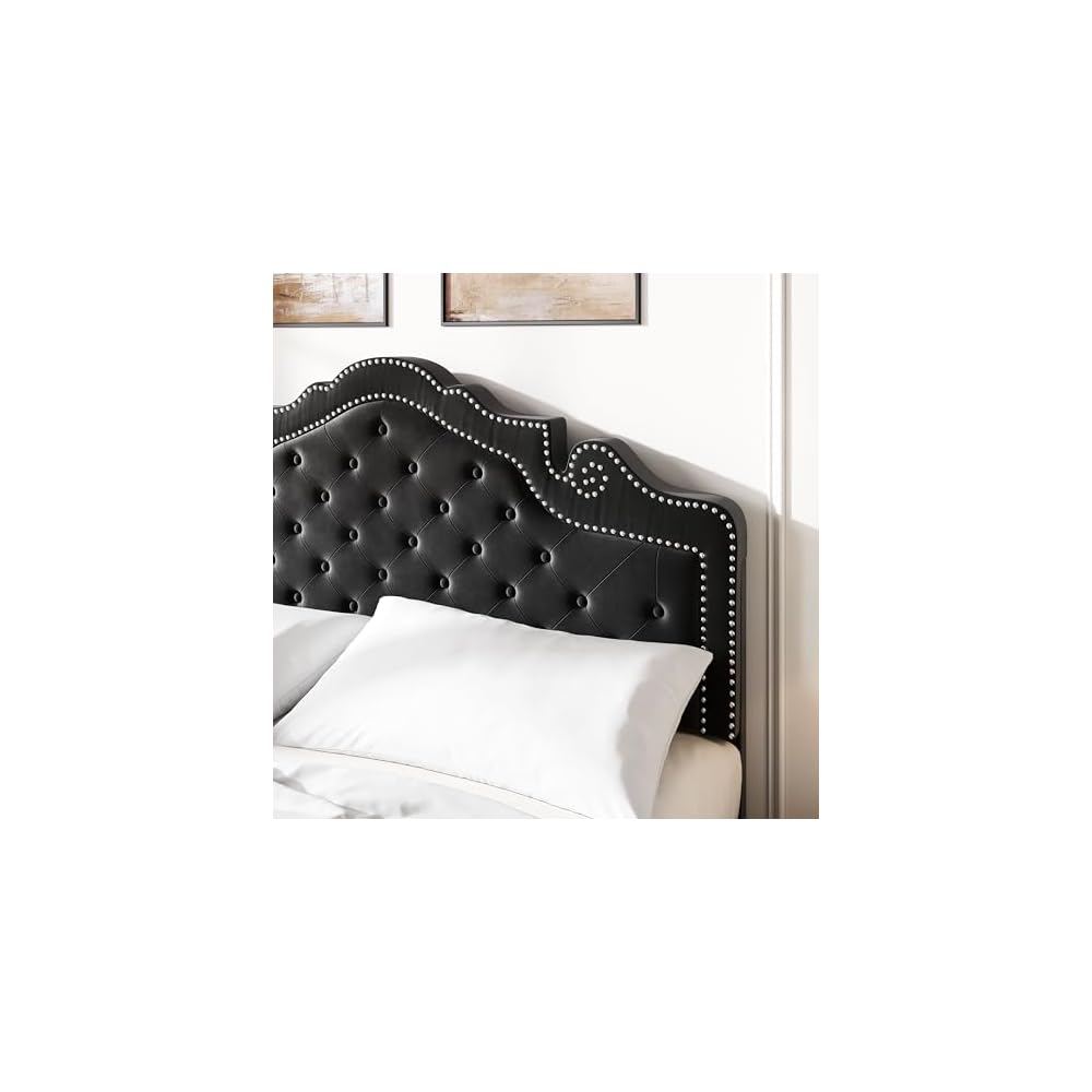 SHA CERLIN Queen Bed Frame with Adjustable Headboard/Velvet Upholstered/Diamond Button Tufted and Metal Studs/No Box Spring Needed/Wood Slat Support/Easy Assembly/Black