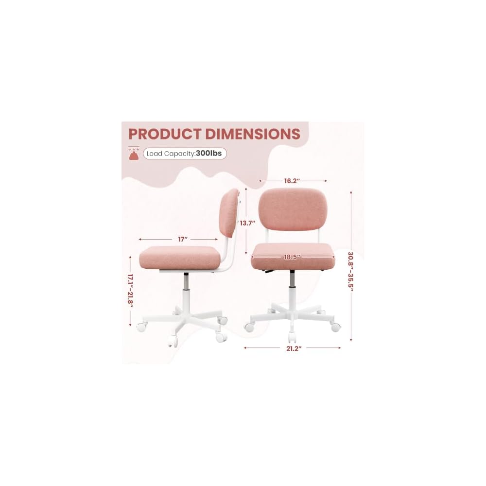LIVELYGLOW Vanity Desk Chair with Wheels, Makeup Chair Seat Armless, Pink