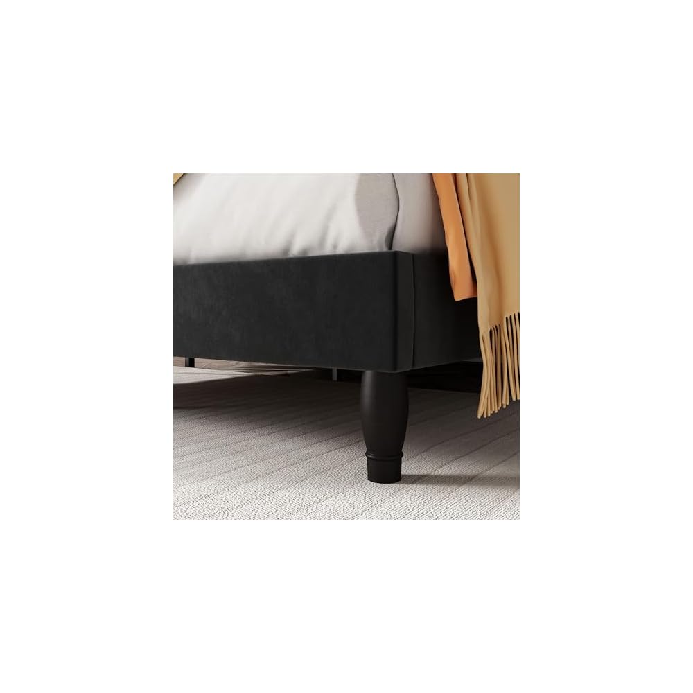 SHA CERLIN Queen Bed Frame with Adjustable Headboard/Velvet Upholstered/Diamond Button Tufted and Metal Studs/No Box Spring Needed/Wood Slat Support/Easy Assembly/Black