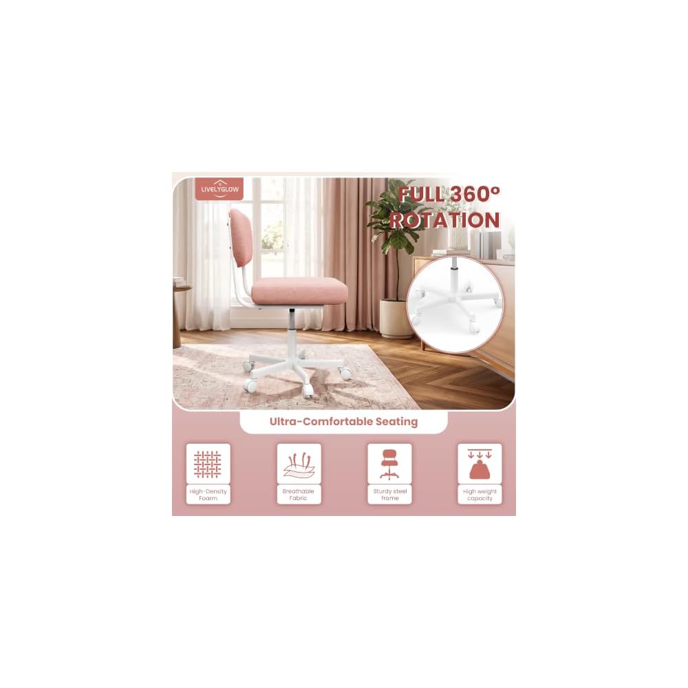 LIVELYGLOW Vanity Desk Chair with Wheels, Makeup Chair Seat Armless, Pink