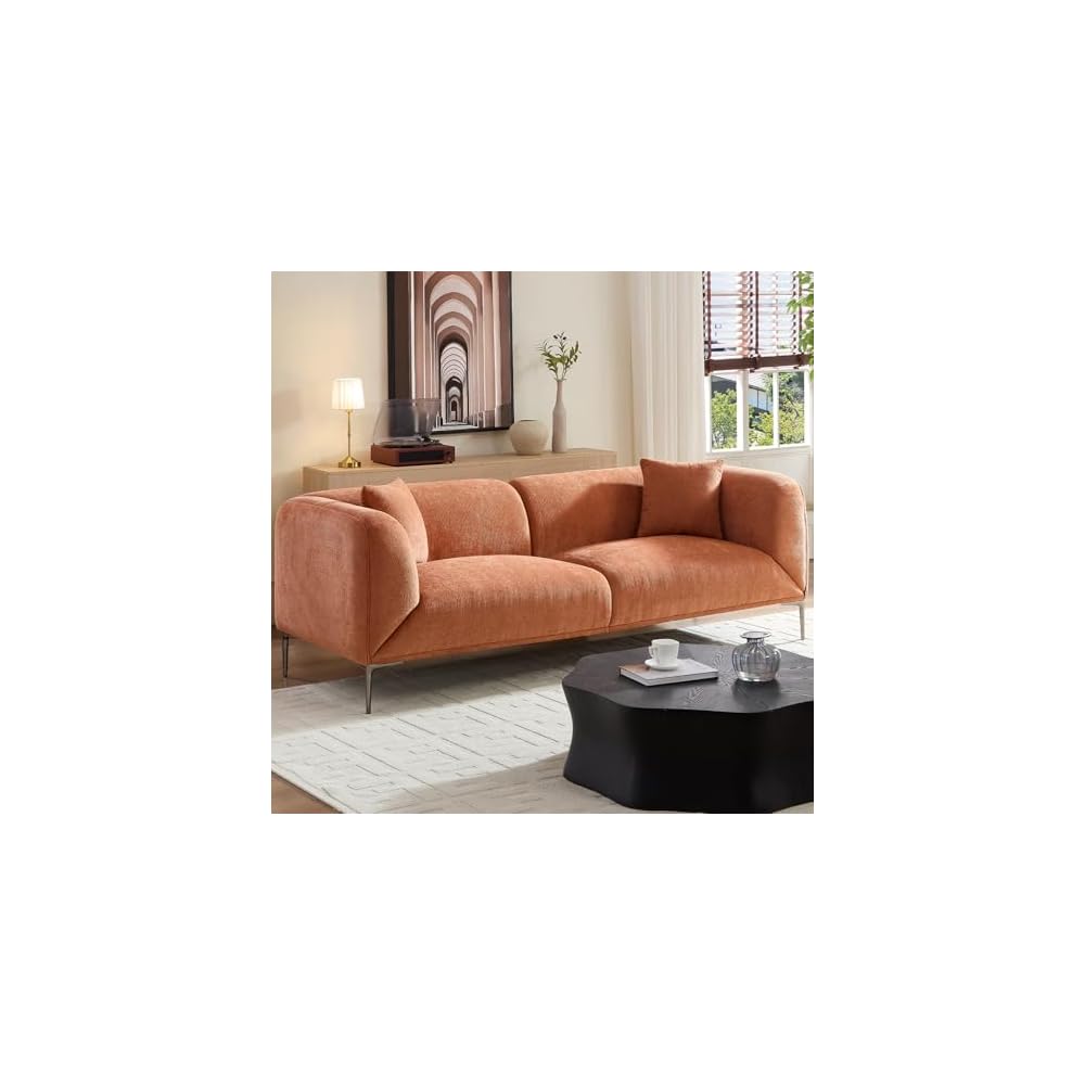 82.7" Modern Orange Sofa, 3 Seater Boucle Couch with Metal Legs, Comfy Minimalist Curved Sofas, Luxury Deep Seat Sofa, Upholstered Cloud Couches for Living Room Home Office Apartment