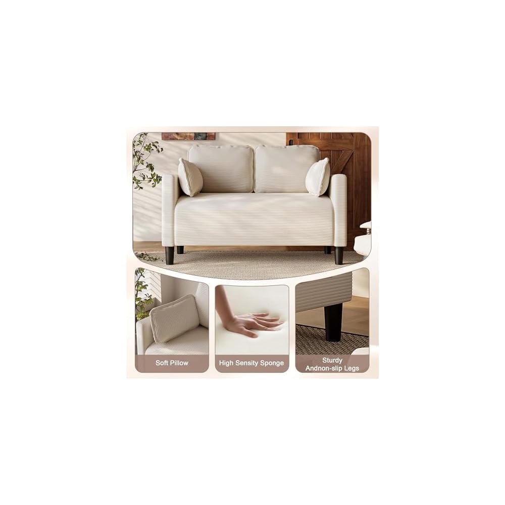 Beige Loveseats for Small Spaces, 48 Inch Corduroy Couch with Side Pocket, Modern 2 Seater Sofa Couch for Small Apartment, Bedroom & Home Office, High Rebound Sponge, Easy Assembly