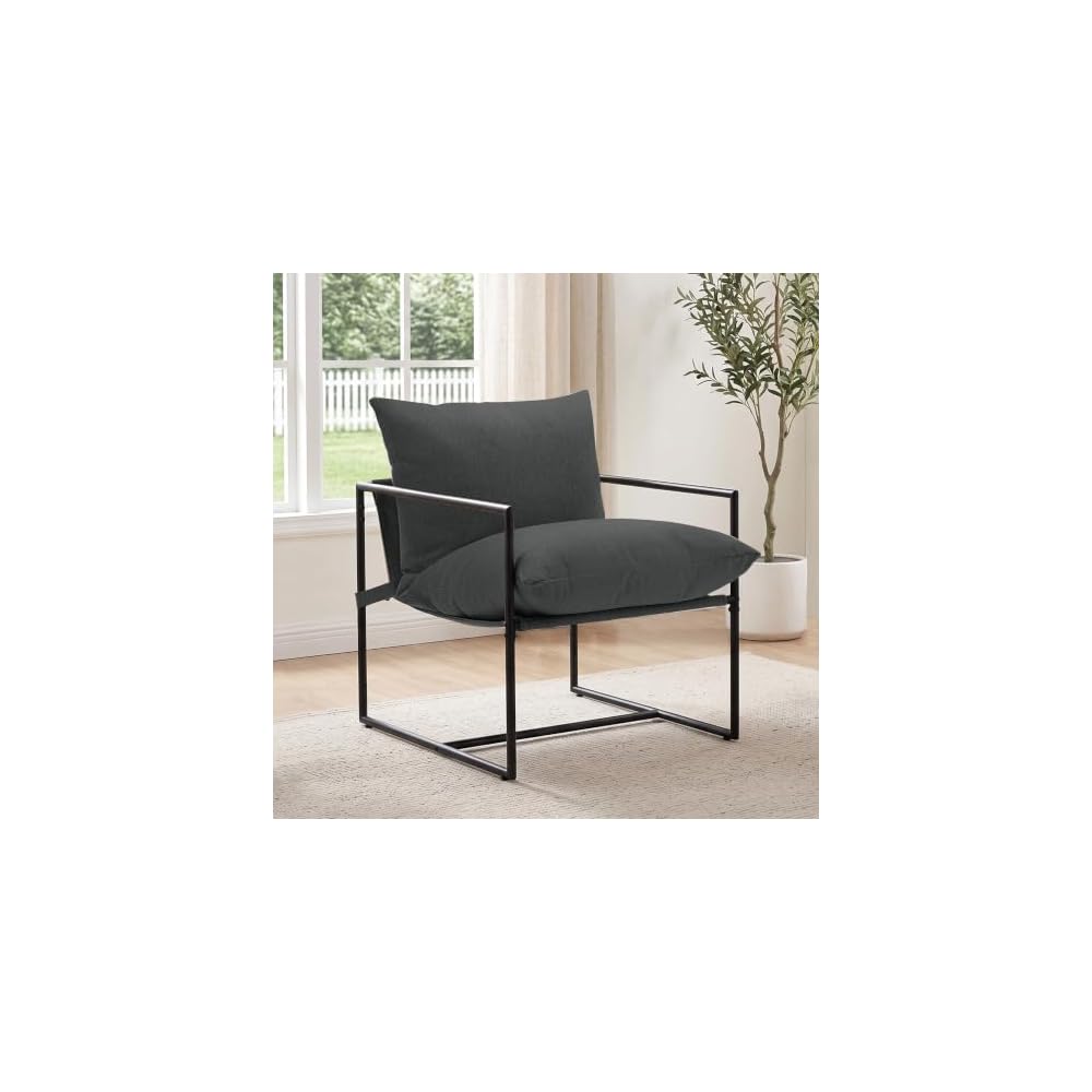 Modern Accent Chair, Upholstered Reading Sling Chair with Metal Frame and Soft Cushion,Stylish Lounge Armchair for Living Room, Bedroom or Office Seating, Darkgrey