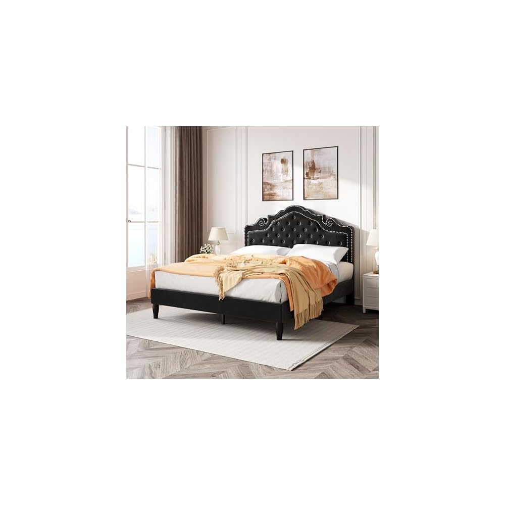 SHA CERLIN Queen Bed Frame with Adjustable Headboard/Velvet Upholstered/Diamond Button Tufted and Metal Studs/No Box Spring Needed/Wood Slat Support/Easy Assembly/Black