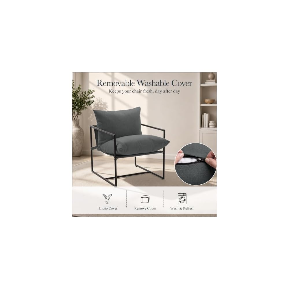 Modern Accent Chair, Upholstered Reading Sling Chair with Metal Frame and Soft Cushion,Stylish Lounge Armchair for Living Room, Bedroom or Office Seating, Darkgrey