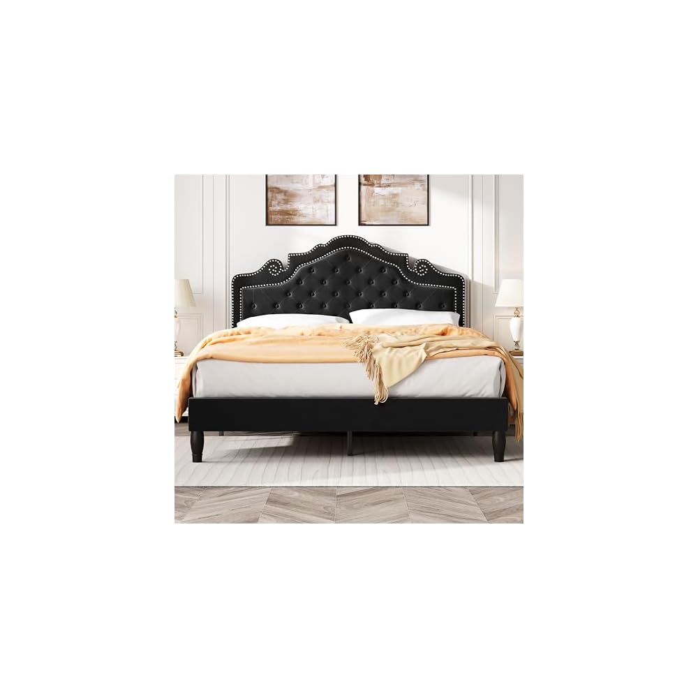 SHA CERLIN Queen Bed Frame with Adjustable Headboard/Velvet Upholstered/Diamond Button Tufted and Metal Studs/No Box Spring Needed/Wood Slat Support/Easy Assembly/Black