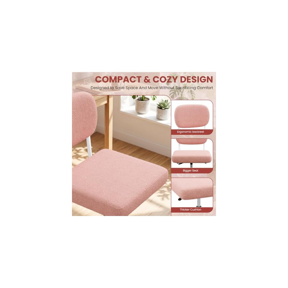 LIVELYGLOW Vanity Desk Chair with Wheels, Makeup Chair Seat Armless, Pink