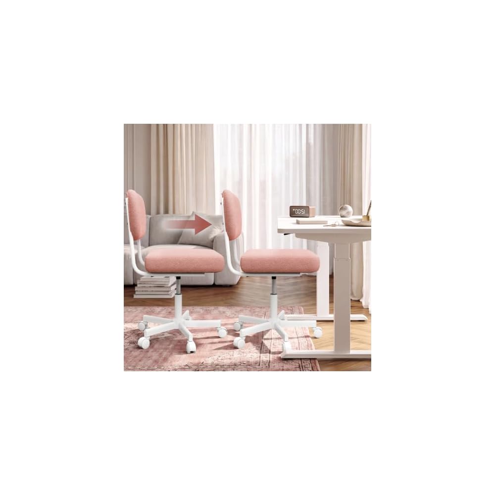 LIVELYGLOW Vanity Desk Chair with Wheels, Makeup Chair Seat Armless, Pink