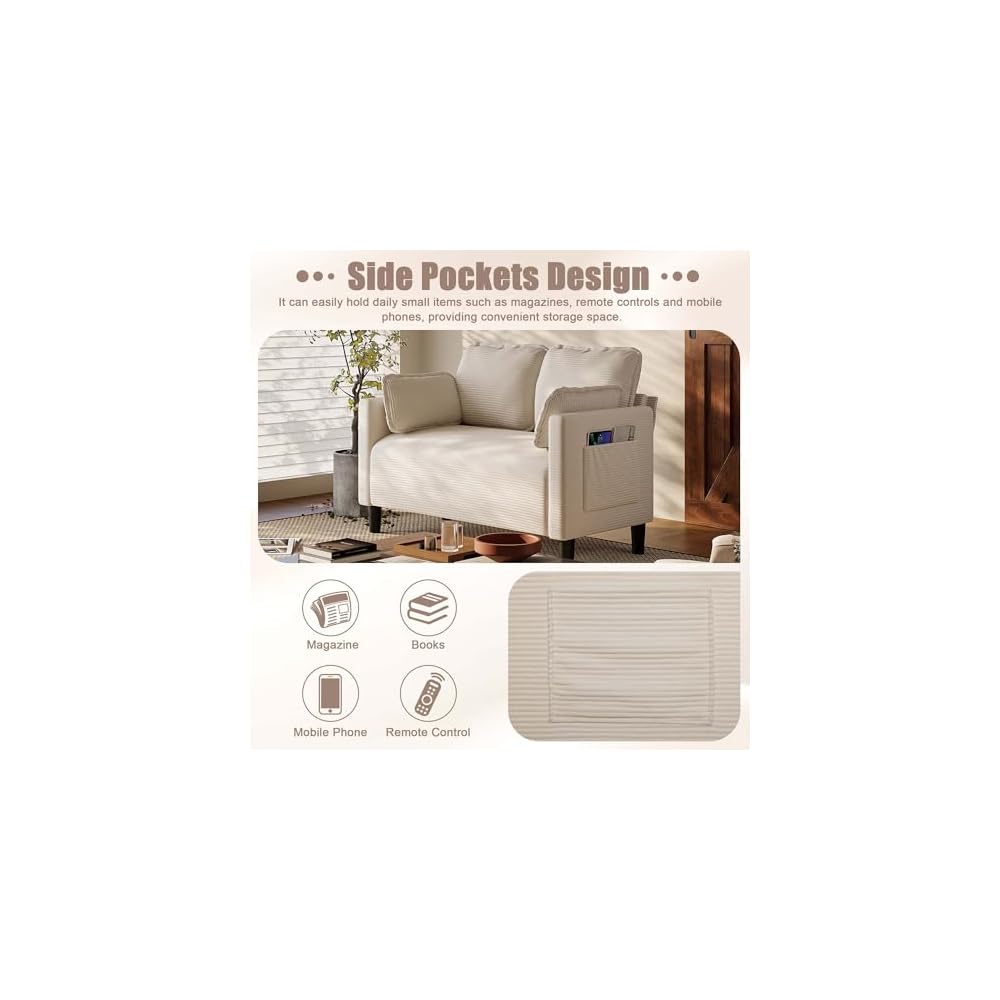 Beige Loveseats for Small Spaces, 48 Inch Corduroy Couch with Side Pocket, Modern 2 Seater Sofa Couch for Small Apartment, Bedroom & Home Office, High Rebound Sponge, Easy Assembly