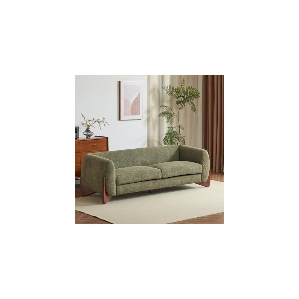 Merax 82 Inch Boucle Sherpa Sofa, Chenille Loveseat with Removable Cushions & Wood Legs, Modern Plush 3-Seater Couch for Living Room, Olive Green
