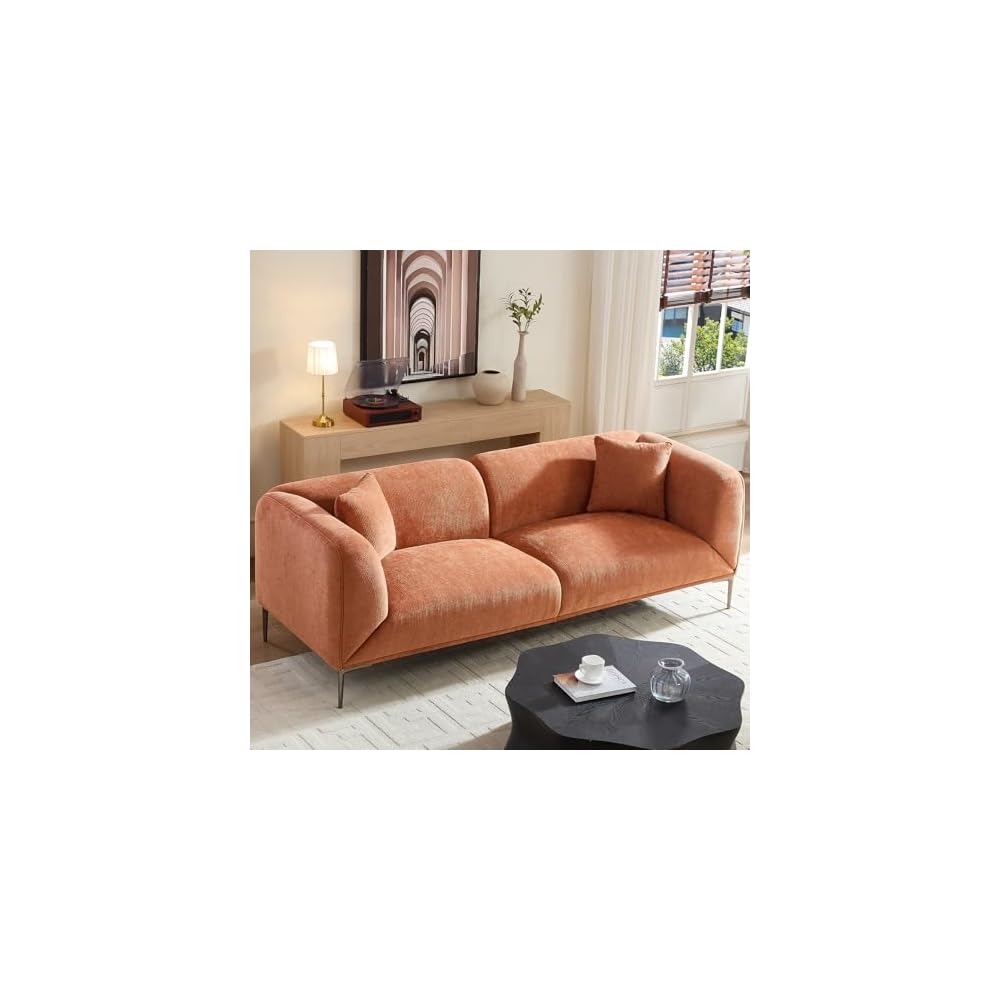 82.7" Modern Orange Sofa, 3 Seater Boucle Couch with Metal Legs, Comfy Minimalist Curved Sofas, Luxury Deep Seat Sofa, Upholstered Cloud Couches for Living Room Home Office Apartment