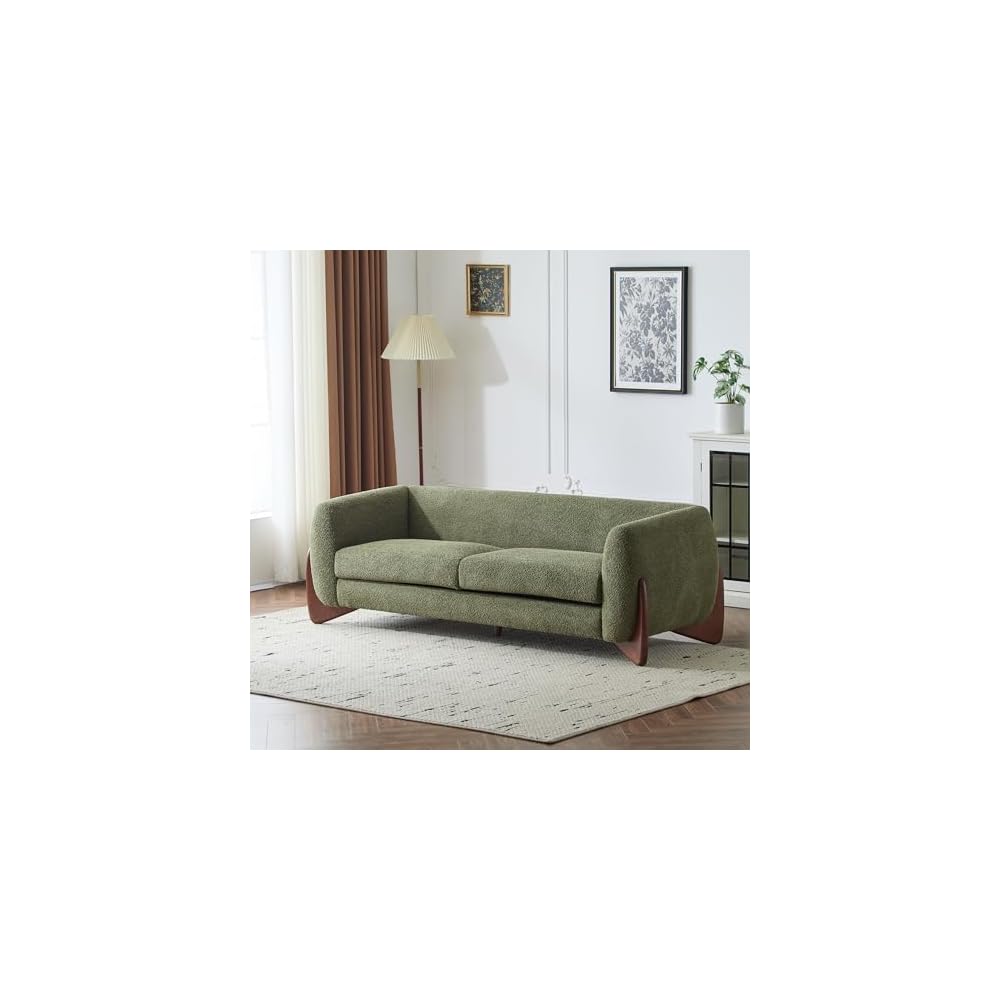 Merax 82 Inch Boucle Sherpa Sofa, Chenille Loveseat with Removable Cushions & Wood Legs, Modern Plush 3-Seater Couch for Living Room, Olive Green