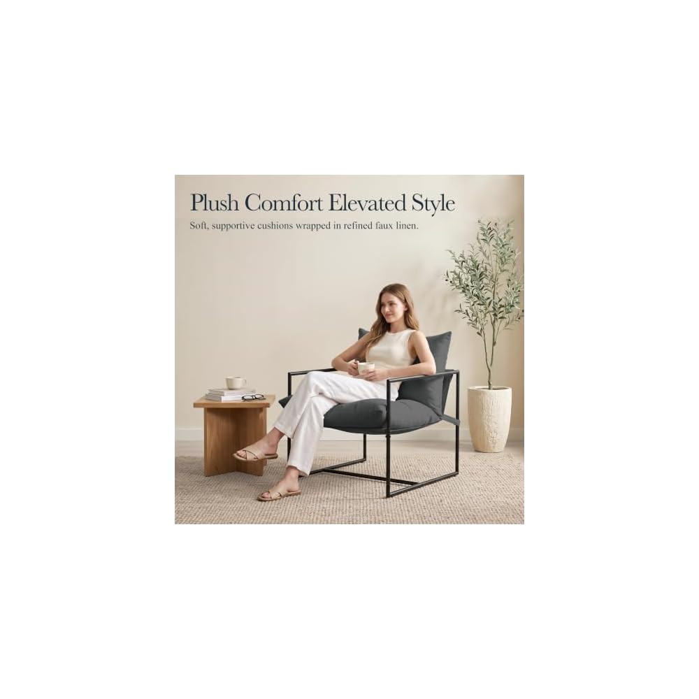 Modern Accent Chair, Upholstered Reading Sling Chair with Metal Frame and Soft Cushion,Stylish Lounge Armchair for Living Room, Bedroom or Office Seating, Darkgrey