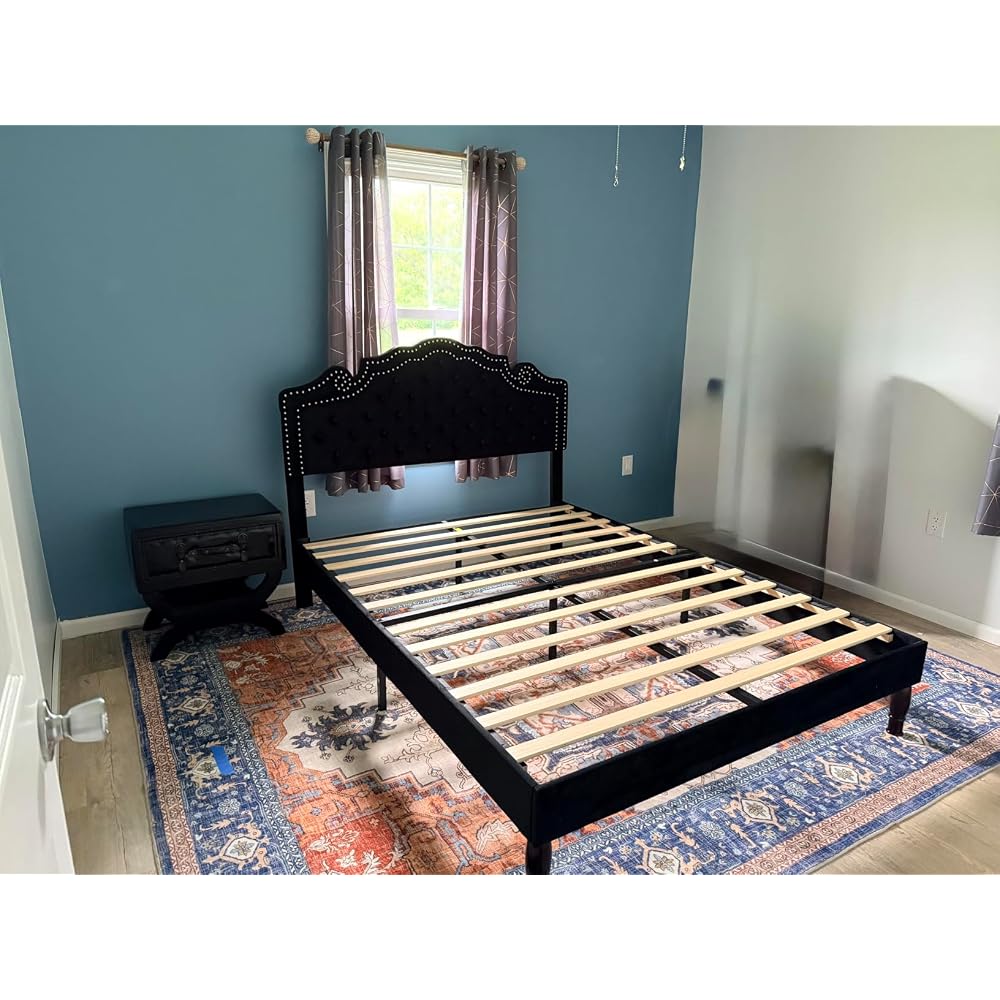 SHA CERLIN Queen Bed Frame with Adjustable Headboard/Velvet Upholstered/Diamond Button Tufted and Metal Studs/No Box Spring Needed/Wood Slat Support/Easy Assembly/Black