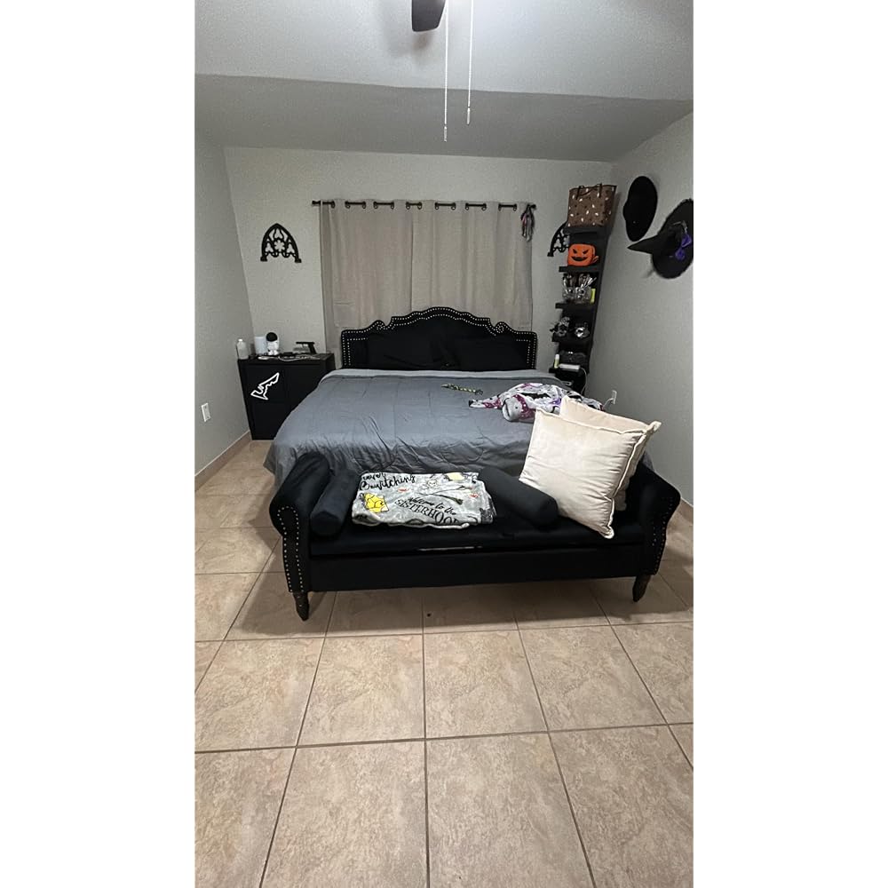 SHA CERLIN Queen Bed Frame with Adjustable Headboard/Velvet Upholstered/Diamond Button Tufted and Metal Studs/No Box Spring Needed/Wood Slat Support/Easy Assembly/Black