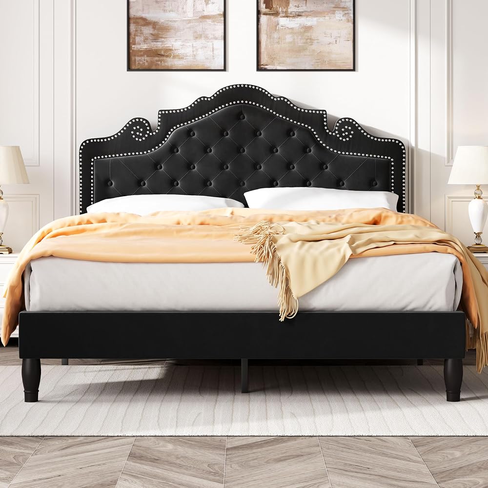 SHA CERLIN Queen Bed Frame with Adjustable Headboard/Velvet Upholstered/Diamond Button Tufted and Metal Studs/No Box Spring Needed/Wood Slat Support/Easy Assembly/Black