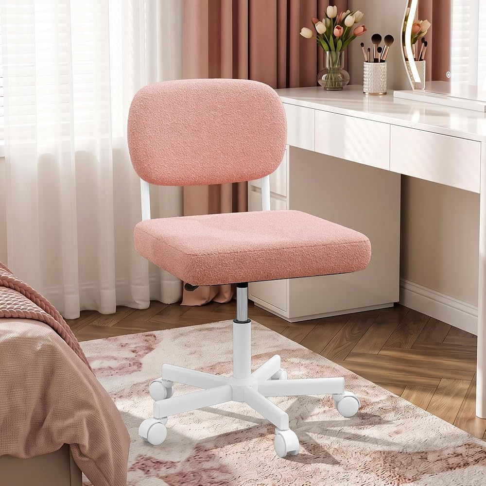 LIVELYGLOW Vanity Desk Chair with Wheels, Makeup Chair Seat Armless, Pink