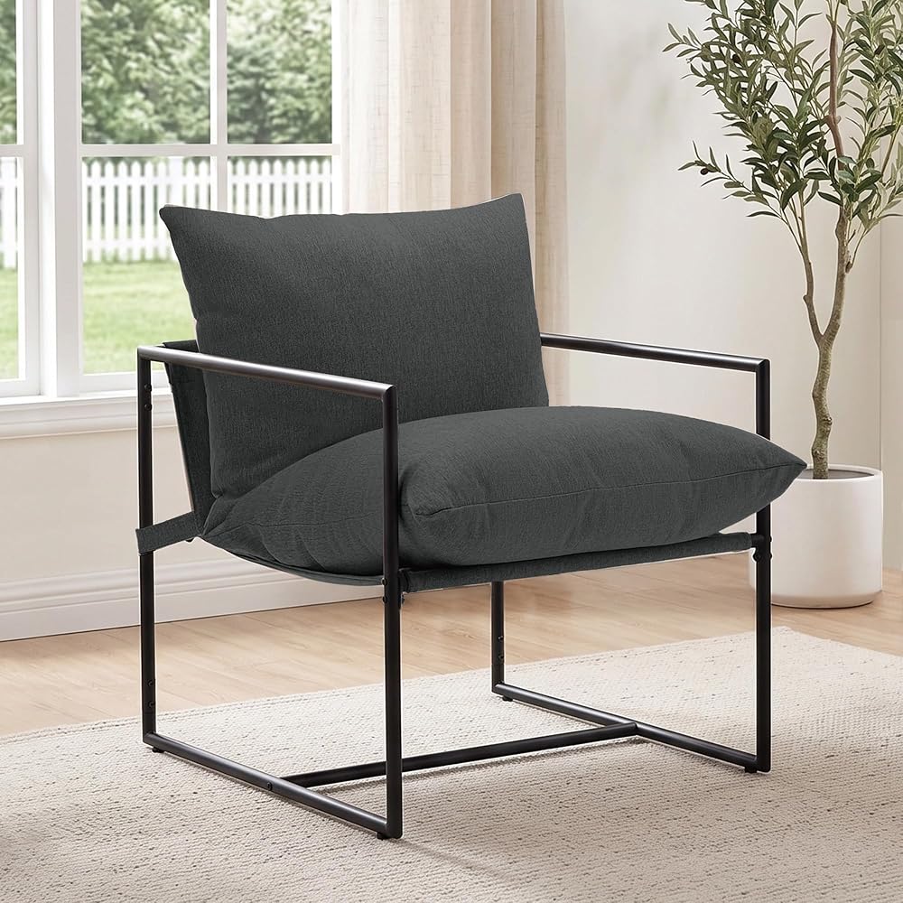Modern Accent Chair, Upholstered Reading Sling Chair with Metal Frame and Soft Cushion,Stylish Lounge Armchair for Living Room, Bedroom or Office Seating, Darkgrey