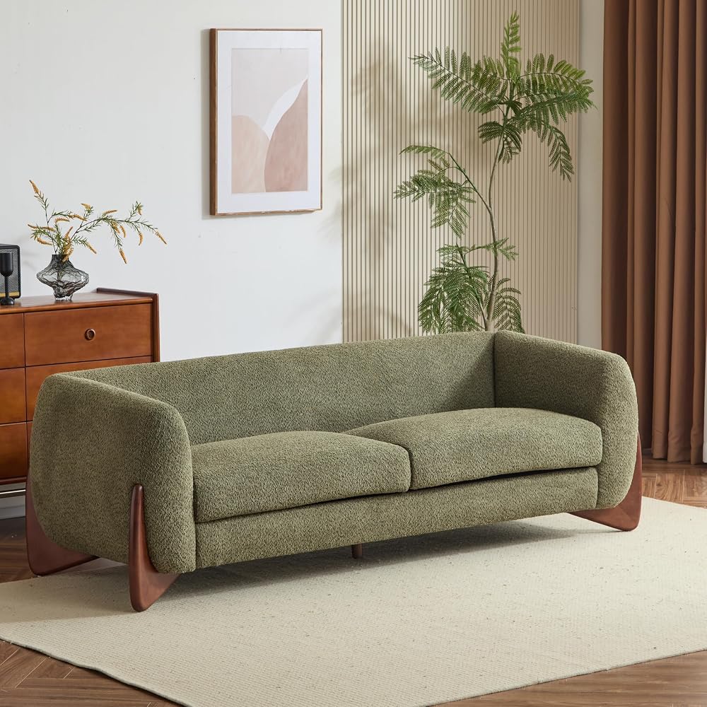 Merax 82 Inch Boucle Sherpa Sofa, Chenille Loveseat with Removable Cushions & Wood Legs, Modern Plush 3-Seater Couch for Living Room, Olive Green