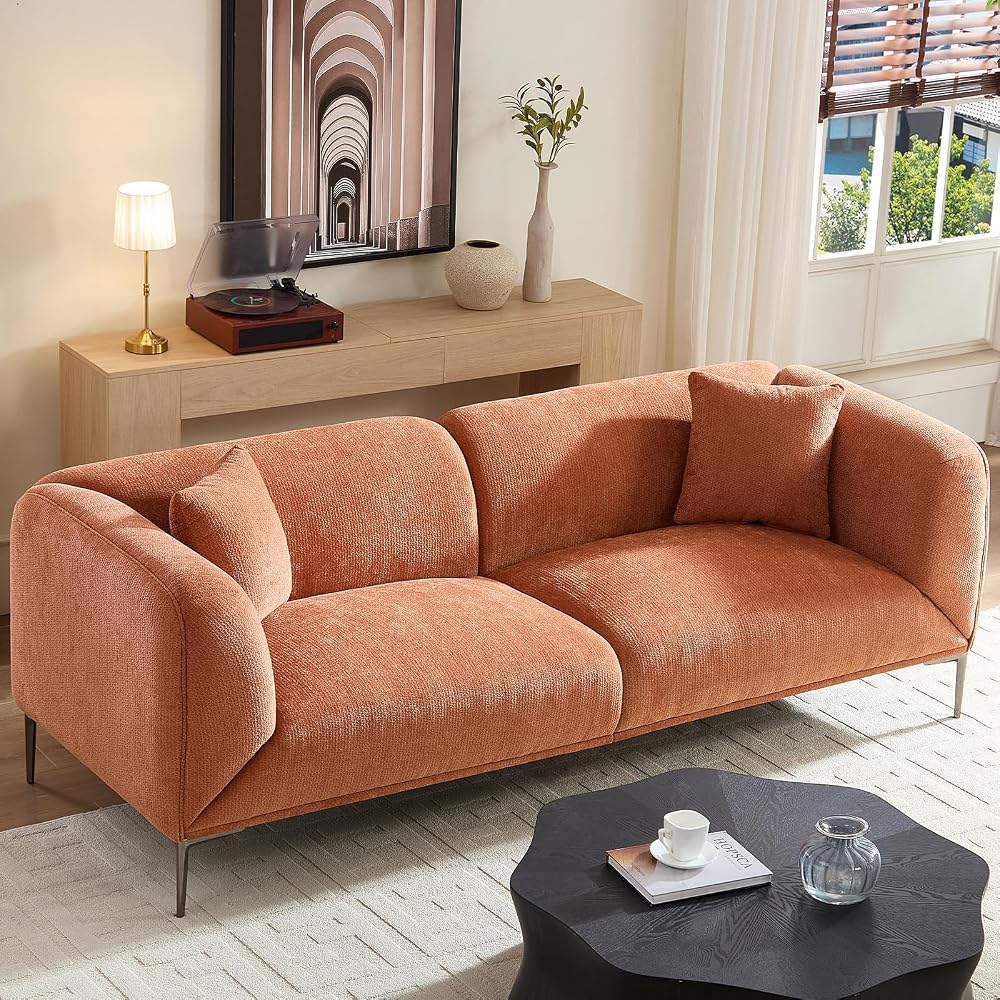 82.7" Modern Orange Sofa, 3 Seater Boucle Couch with Metal Legs, Comfy Minimalist Curved Sofas, Luxury Deep Seat Sofa, Upholstered Cloud Couches for Living Room Home Office Apartment